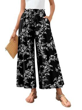 Womens Wide Leg Palazzo Gaucho Pants Black White Floral Elastic Waist Pockets